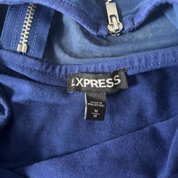 Express Women’s Medium Blue 3/4 Length Sleeve Sheer Zipper Stretch Top Blouse - Picture 7 of 7